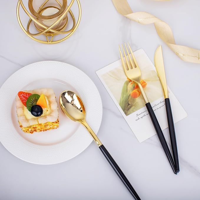 I00000 60 Pack Gold Silverware Set with Black Handle,Heavy Duty Black Plastic Cutlery Include 20 Forks 20 Knives 20 Spoons, Plastic Utensils Set for Party