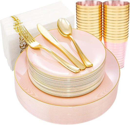 Rubtlamp 210Pcs Plastic Pink Plates with Gold Plastic Silverware Set Include 30Pink Dinner & 30 Dessert Plates, 90Gold Cutlery, 30Gold Cups, 30Napkins, Pink Dinnerware for Valentines&Mother's Day