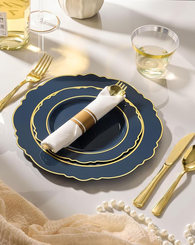 realluck 350 Piece Navy Blue Plastic Dinnerware Set for 50 Guests Elegant Disposable Dinnerware for Weddings, Parties, 100 Plastic Plates, 50 Pre Rolled Napkins with Silverware, 50 Cups