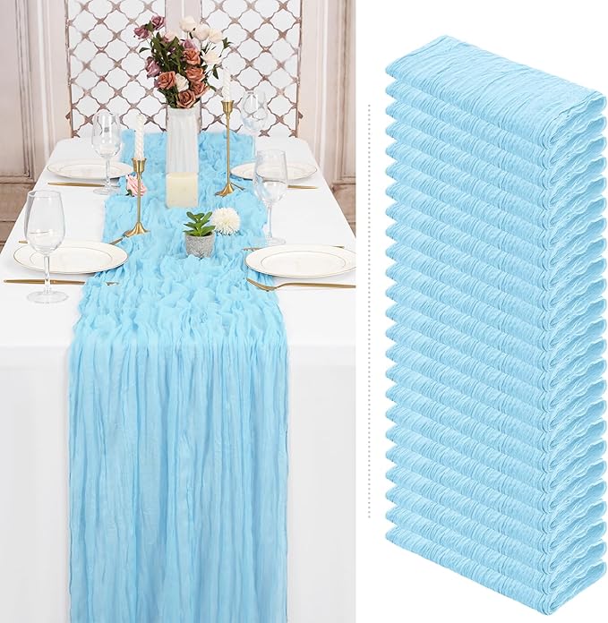 24 Pack Baby Blue Cheesecloth Table Runner 10Ft Boho Gauze Cheese Cloth Table Runner 35x120 Inch Long Rustic Sheer Table Decor for Wedding Decor Arch Draping Valentine's Day Easter Holiday Party