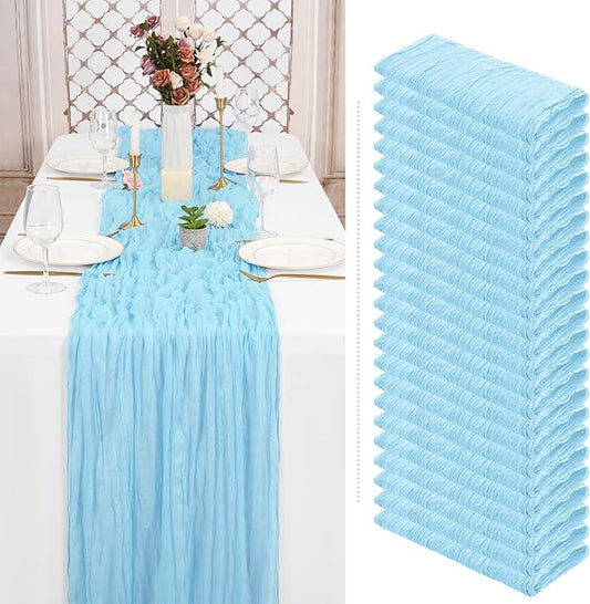 24 Pack Baby Blue Cheesecloth Table Runner 10Ft Boho Gauze Cheese Cloth Table Runner 35x120 Inch Long Rustic Sheer Table Decor for Wedding Decor Arch Draping Valentine's Day Easter Holiday Party