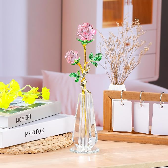 Arikyrist Pink Rose Flower Crystal Figurine with Vase, Handmade Bouquet Glass Flowers Ornament Rose Gifts for Women Mom Wife, Crystal Flower Home Decor for Valentine Mother's Day Wedding