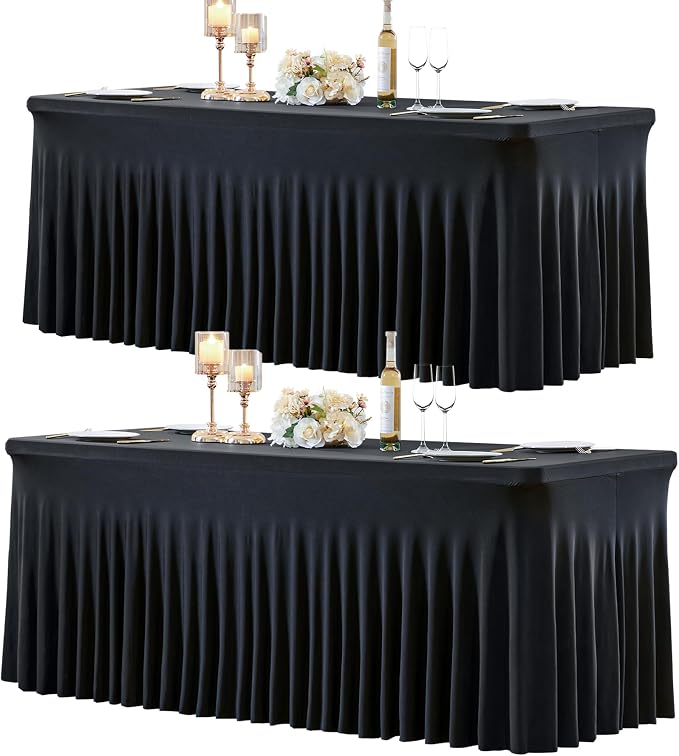 gogoparti 2 Pack Spandex Black Fitted Table Cloth for 8ft Rectangle Tables Black Stretch Tablecloth Table Covers Skirt Banquet Wrinkle Free Tablecloths for Parties Wedding