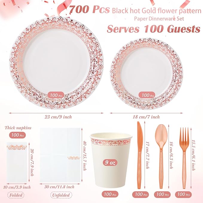 Didaey 700 Pcs Disposable Dinnerware Set for 100 Guests Include 200 Paper Plates, 300 Plastic Silverware, 100 Paper Cups, 100 Napkins for Wedding Birthday Party Supplies (White Rose Gold Pattern)