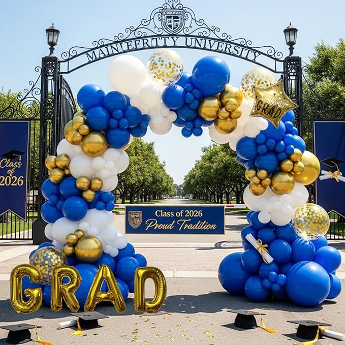 Graduation Balloon Arch Kit - 128Pcs Blue White and Gold Balloon Garland with 16" GRAD Letters, Star Foil and Confetti Balloons for Class of 2026 Grad Prom College Party Decorations