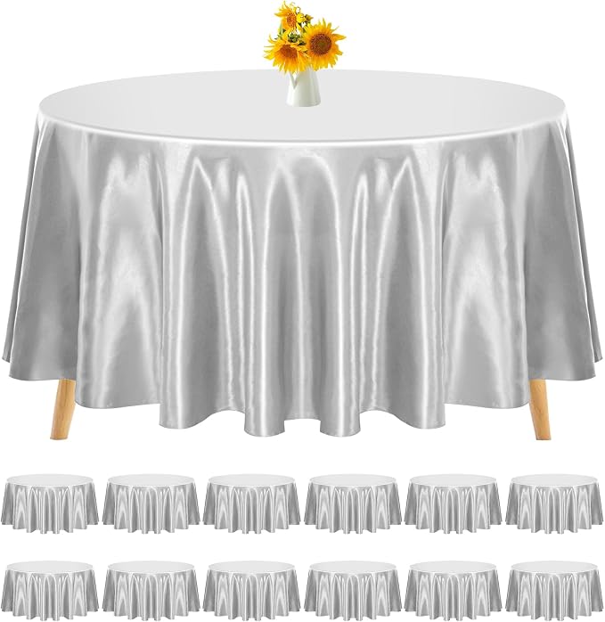 12 Pack Silver Satin Tablecloth, 108 Inch Round Silky Satin Table Cloth, Bright Silk Tablecloth Smooth Fabric Table Covers Overlay Silky Table Decoration for Wedding Party Banquet Birthday