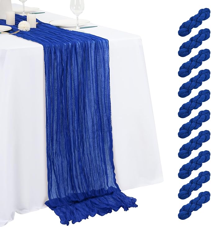 10 Pack Royal Blue Cheesecloth Table Runner 17x108 Inch Semi Sheer Boho Gauze Cheese Cloth Table Runners, for Wedding Bridal Shower Birthday Party Home Decor Garden Farmhouse