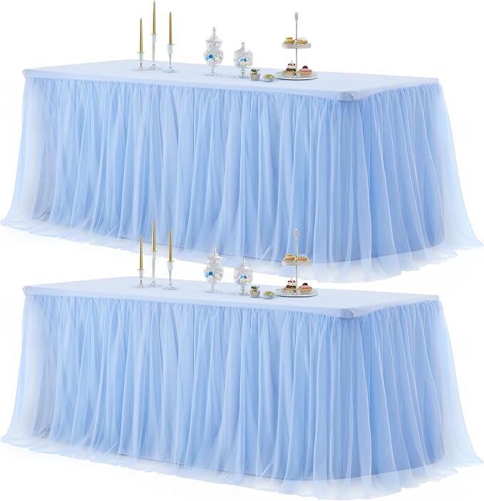 Baby Blue Tablecloth Rectangle Table Cover 6 Foot Table, Baby Blue Tulle Table Skirt Rectangle Table 6ft Stretch Tulle Tablecloth Skirt Fitted Elastic Birthday Party Baby Shower Light Blue Tablecloth