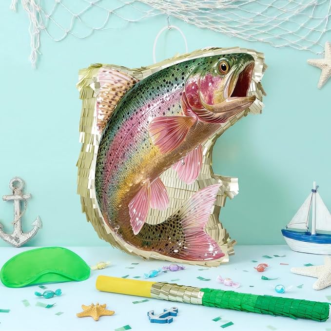 WERNNSAI Rainbow Trout Piñata - Fishing Party Decorations Trout Fish Piñata with Blindfold and Stick for Men Fishing Birthday Decorations Father's Day Celebration Carnival Supplies