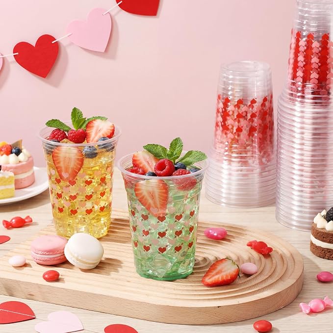 100 Pcs Wedding Plastic Cups 16 oz Clear Disposable Romantic Heart Cups Bulk for Bridal Shower Engagement Anniversary Supplies Beverage Snack