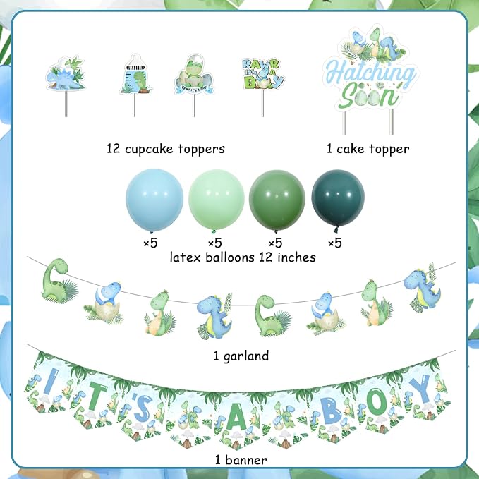 Dinosaur Baby Shower Decorations for Boys Blue Green Dinosaur Its A Boy Banner Garland Hatching Soon Cake Topper Rawr Its A Boy Decor Dinosaurs Theme Balloons for Dinosaurs Theme Party Supply