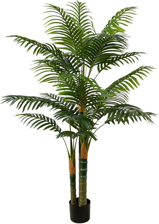 5FT Tall Golden Cane Artificial Palm Tree, Large Faux Palm Tree with 3 Textured Trunks, Outdoor Artificial Plants, Fake Tree for Indoor Office Living Room Outside Patio.
