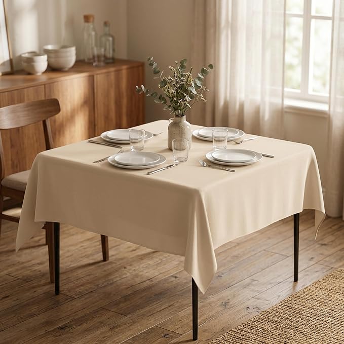 Fixwal 2 Pack Beige 54 x 54 Inch Square Tablecloths, Reusable Heavy Duty Washable Polyester Table Covers for Wedding, Bridal Shower, Boho Party, Outdoor, Picnic