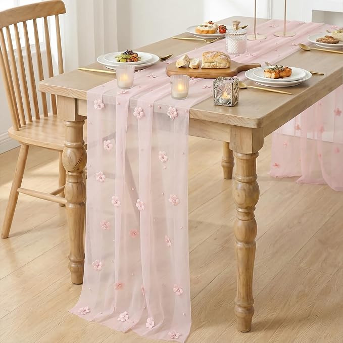 Artoid Mode Pink Flower Pearl Pink Gauze Table Runner 10FT 3PC, Seasonal Sheer Dining Holiday Wedding Birthday Baby Shower Table Decor for Home Party