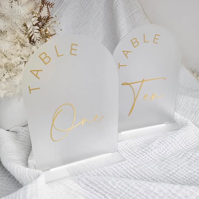 JINMURY Frosted Arch Wedding Table Numbers 1-10 with Stands, 5x7 Inch Acrylic Arch Sign with Golden Lettering, Frosted and Gold Table Numbers for Wedding Reception