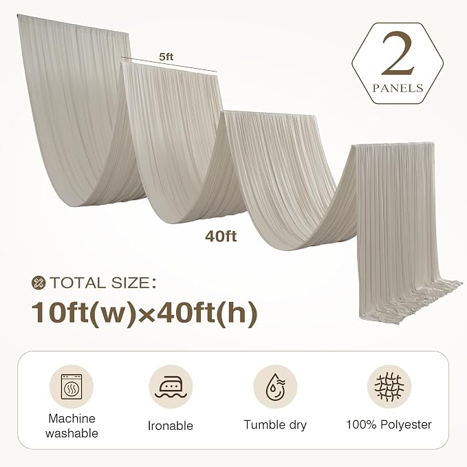 2 Panels 5x40ft Beige Ceiling Drapes for Wedding Parties, Wrinkle Free Thick Polyester 40ft Extra Long Wedding Draping Beige Ceiling Curtains Arch Drapery for Birthday Party Canopy Tent Decor