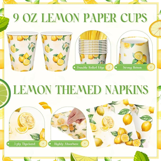 Honeydak 210 Pcs Lemon Party Supplies for 30 Guests Summer Lemon Birthday Plates Napkins and Forks Cups Tableware for Citrus Yellow Baby Shower Bridal Shower Decorations