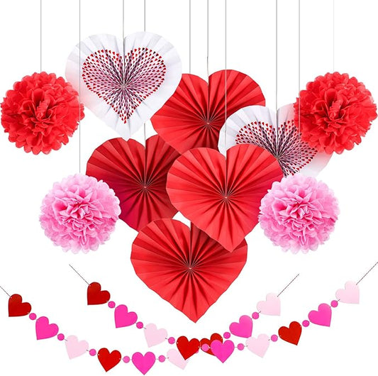Blulu 24 Set Valentines Galentines Day Hanging Decoration Kit Red Pink Heart Paper Fans Tissue Paper Pom Pom Heart Banner for Valentine Galentine Party Bulletin Board Home Indoor Decor Supplies