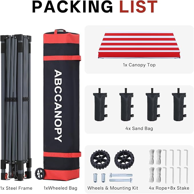 ABCCANOPY 10x10 Pop Up Canopy Tent, Easy Setup Instant Shelter with Wheeled Bag, Heavy Duty Outdoor Canopy for Beach, Market, Backyard, UV Protection, Outdoor Weather Protection (Red Stripes, 10x10)