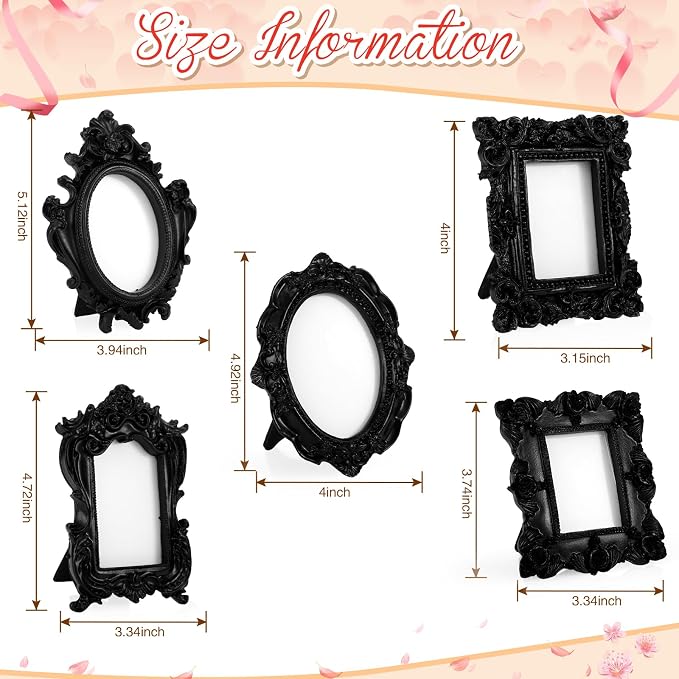 Maitys 15 Pcs Mini Picture Vintage Frames with Stands Tiny Antique Photo Baroque Ornate Resin Oval Frame Table Top Display Home Wedding Decor (Black)