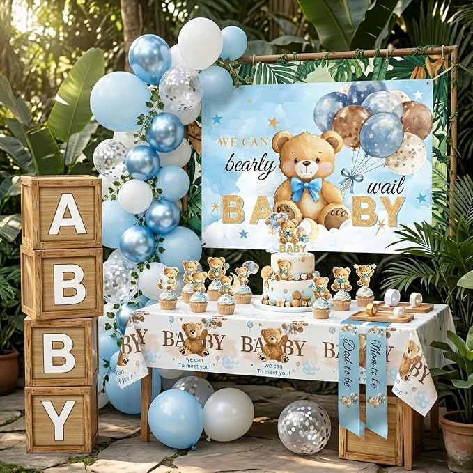 Bear Baby Shower Decorations, 140 PCS We Can Bearly Wait Baby Shower Party Supplies with Backdrop, Tablecloth, Cake Toppers, Balloons, Sash, Boxes, Blue Baby Them Party for Boy Baby Shower Decorations