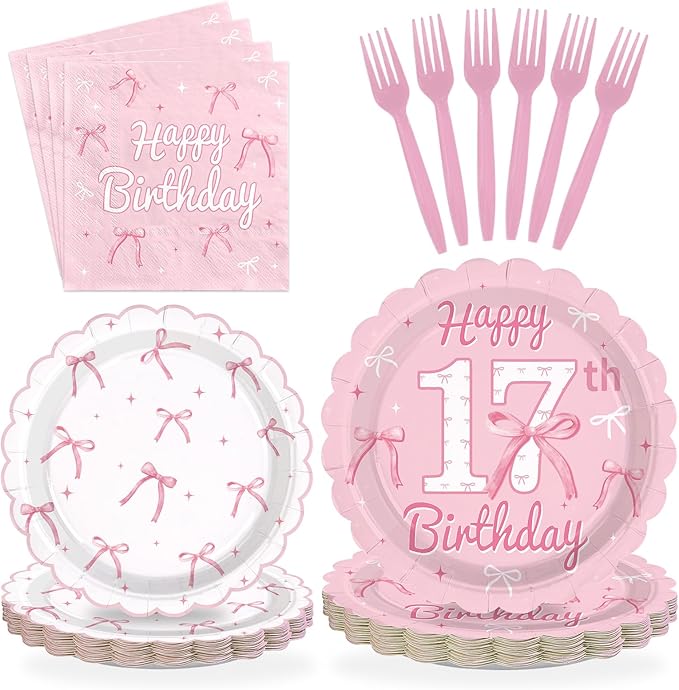 96Pcs Pink Bow Party Supplies 17th Birthday Party Plates and Napkins Disposable Bow Themed Tableware Set for Girl Happy 17th Birthday Baby Shower Decorations, Serves 24