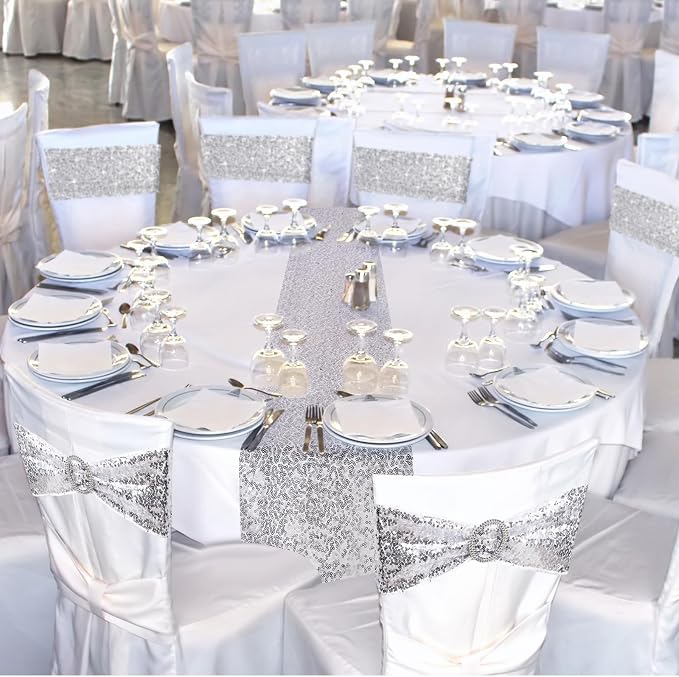 Newwiee 54 Pcs Silver Sequin Chair Sashes and Table Runners, 48 Sequin Chair Bows, 6 Glitter Table Runners for Birthday Party Wedding Banquet Holiday Decorations