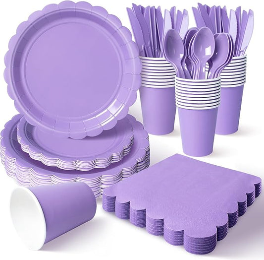 Vyntra 175 Pcs Lavender Purple Disposable Paper Plates and Napkins Set for 25, 9" Dinner Plates & 7" Dessert Plates, Tableware for Baby Shower, Bridal Shower, Birthday, Party