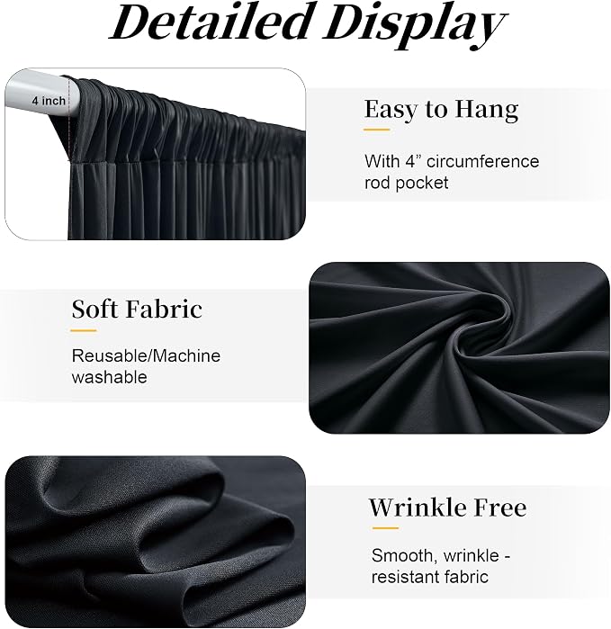 20ft x 15ft Black Backdrop Curtains for Wedding Parties, 4 Panels Wrinkle Free Fabric Drapes Photo Backdrop for Baby Shower Birthday Stage Reception Lobby Decoration