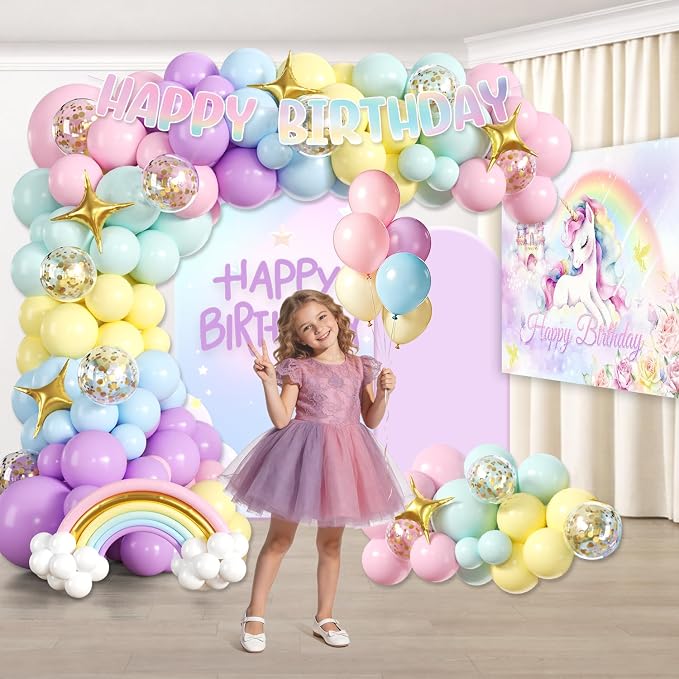 289 Pcs Unicorn Birthday Decorations, Worry-Free One-Stop Set Serves 25 Guests, with Laser Banner, Backdrop, Thick Plates and Cake Stand, Easy Setup for Unicorn Party Decorations