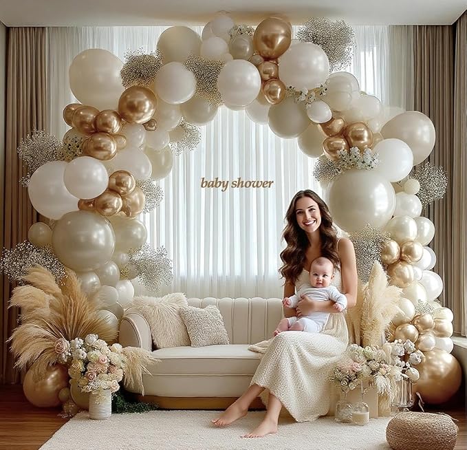 Beige Gold Balloons Double Stuffed Sand White Balloon Garland Pearl White Cream Metallic Gold Balloon Arch Kit for Birthday Wedding Bridal Anniversary Boho Baby Shower Party Decorations