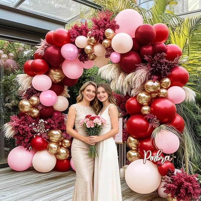 Red Pink Balloon Garland Double Stuffed Burgundy Pink Gold Pearl Balloons Rose Red Blush Nude Balloon Arch for Mother's Day Birthday Bridal Shower Wedding Engagement Party Decorations