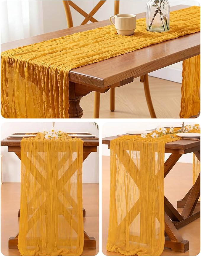 Gold Cheesecloth Table Runner 21x120 Inch Gauze Table Runners Reusable Polyester 10ft Boho Rustic Cheese Cloth Table Runner for Wedding Party Baby Shower Birthday