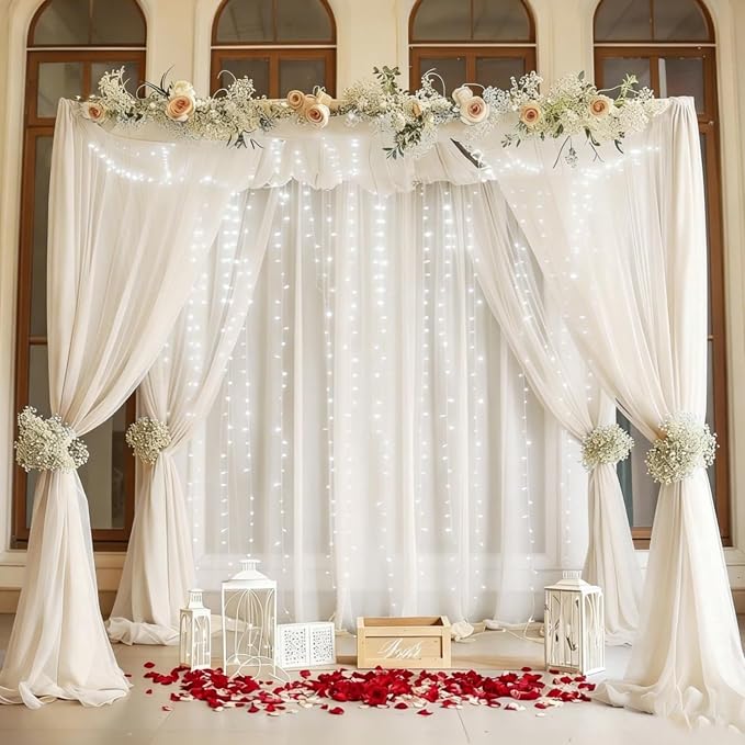 20ft x 10ft Cream White Chiffon Backdrop Curtain with Lights String for Parties,4 Panels Tulle Sheer Curtain Wedding Backdrop for Baby Shower Birthday Party Ceremony Reception Home Decorations