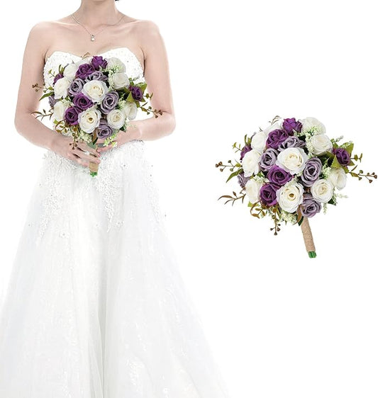 Wedding Bouquet for Bridesmaid 1 Pack - Hand Holding Flower Bouquet 7 Inch Artificial Flower Bouquet for Bride Party Ceremony Anniversary Decor - Dusty Purple & White