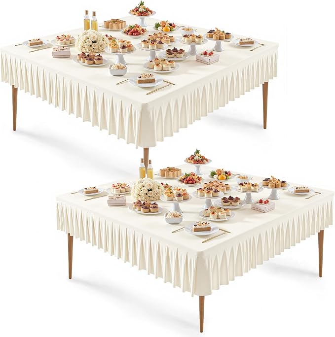 Wish Care 2 Pack Ivory Spandex Tablecloths for 60x60 Inch Square Tables, Stretch Fitted Table Clothes with Pleated Ruffle Skirt for 60” Table, Wrinkle Free and Elastic, for Party Kitchen Home Dining