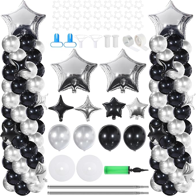 Gejoy 110 Pcs Black Silver Balloons Column Stand Kit Adjustable Tower Stand from 1.4 to 6.6 ft with Bases for Back to School Wedding Birthday Baby Shower Party