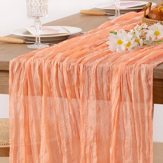 MLMC Peach Pink Cheesecloth Table Runner 10ft Sheer Gauze Coral Cheese Cloth Table Runner Spring Dinning Decoration 35x120 Inches for Wedding Bridal Baby Shower Party Decor