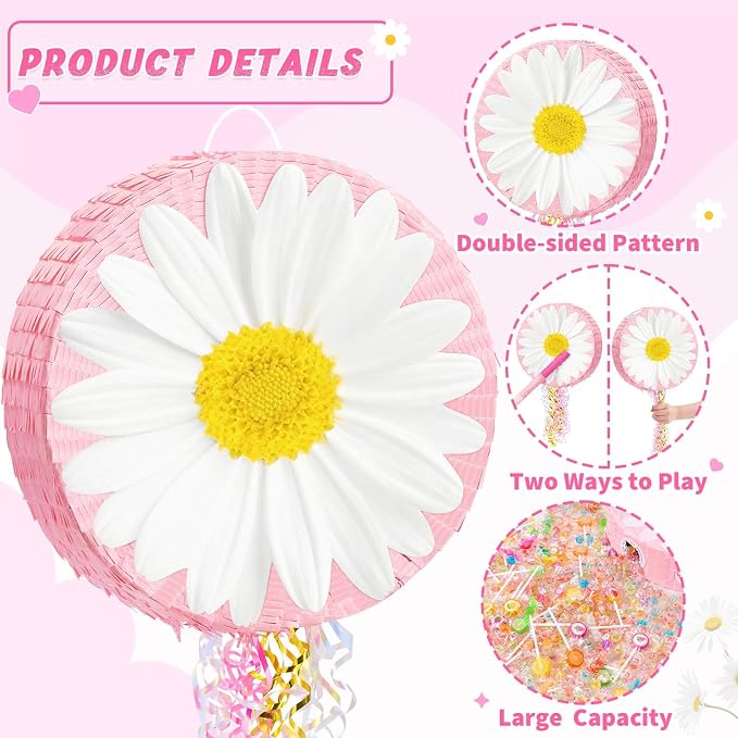 WERNNSAI Daisy Flower Piñata - Daisy Party Game Pink Flower Piñata for Girls Birthday Party Decorations Spring Party Favor Baby Shower Celebration Supply with Bat Blindfold