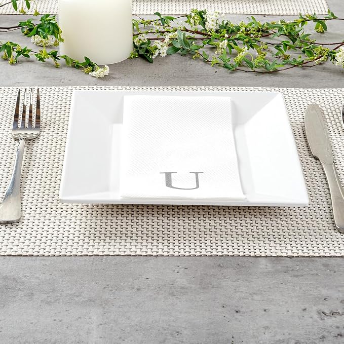Luxenap 15.8 X 7.9 Inch Linen-Feel Guest Towels, 2000 Lettered Hand Towels - Silver Letter 'U', Sans Serif Font, White Paper Dinner Napkins, airlaid, For Restrooms And Tables - Restaurantware