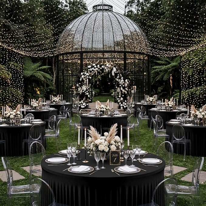 8 Pack Black Round Spandex Tablecloths for 60 inch Table, Wrinkle-Free Stretchy 5FT Fitted Round Table Covers with Skirt for Wedding Birthday Graduation Party Banquet Events