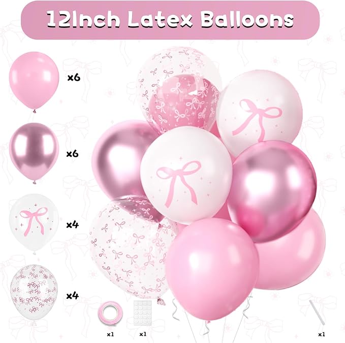 Pink Bow Birthday Party Supplies,Coquette Birthday Decorations,Include Pink and White Bow Balloons Happy Birthday Banner Fringe Curtain Tissue Paper Pompoms Garland