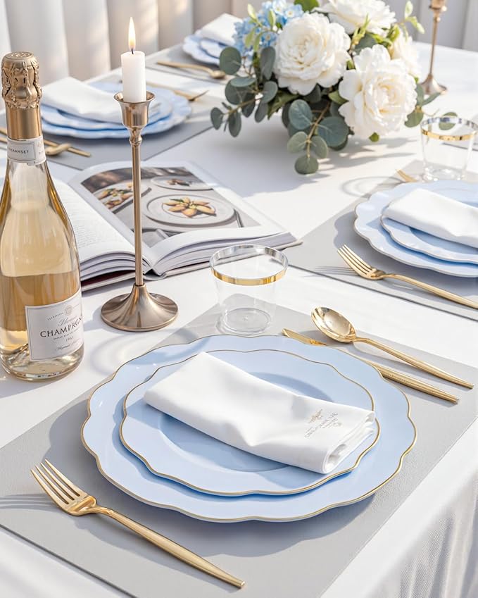 bUCLA 180PCS Blue Plastic Plates - Disposable Light Blue with Gold Rim - Include 30 Each (Dinner & Salad) Plates, 30 Knives, 30 Forks, 30 Spoons, 30 Cups for Party, Party, Birthday & Shower