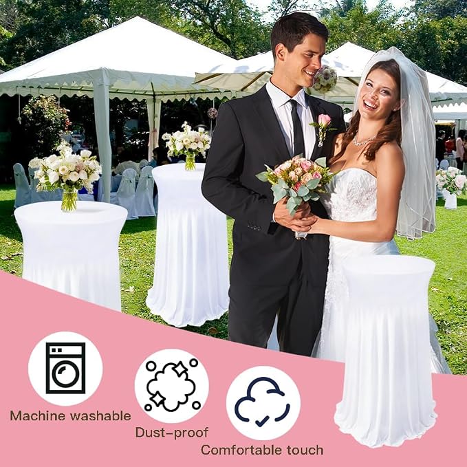 6 Pack Round Spandex Cocktail Table Tablecloth with Skirts, 32 x 43 Inch White Spandex High Top Cocktail Table Covers, Stretch Fitted Round Cocktail Tablecloths for High Top Bar Party Wedding Banquet