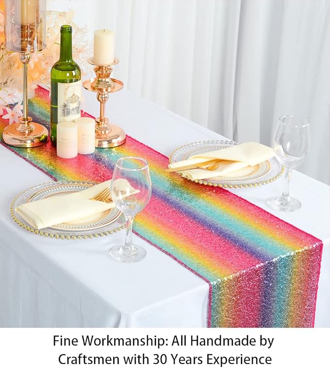 ShinyBeauty Rainbow Table Runners - Pack of 10, 12x108-Inches, Sequin Glitter Fabric Covers for Rectangle & Round Tables, Christmas & Birthday Decor