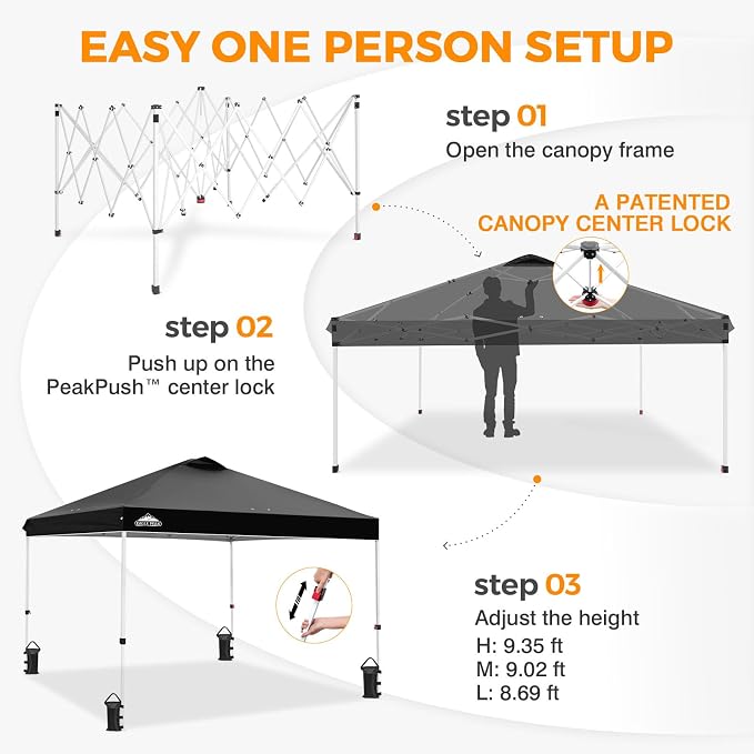 EAGLE PEAK Pop Up Canopy Tent with Wheeled Carry Bag, 8 Stakes, 4 Ropes, 4 Weight Bags, Easy Set Up Tent Canopy, 10x10 ft, 100sqft of Shade, Black