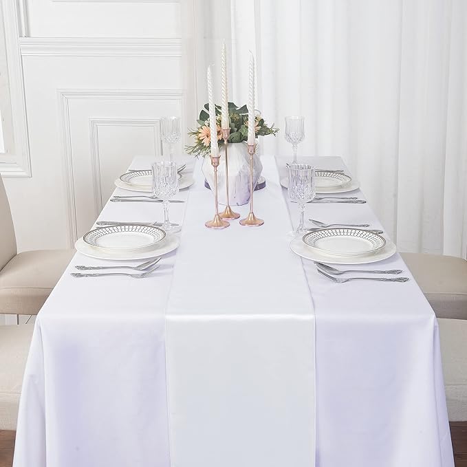 12Pack Table Runner 12 x 108 Inches Satin Silk Table Runner for Wedding, Birthday Party, Banquets, Graduations Decoration, fit Rectange and Round Table-White