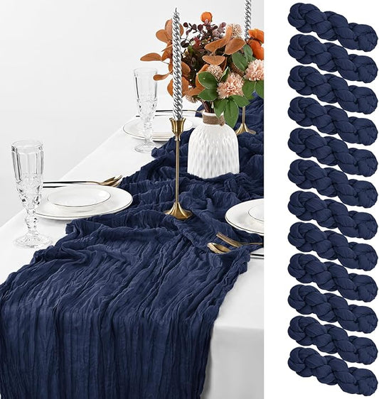 12 Pack Navy Blue Cheesecloth Table Runner, 10FT Cheesecloth Rustic Boho Table Runner Long Romantic Semi Sheer Table Runner for Wedding Birthday Bridal Shower Party Decorations(21.5×120 Inch)