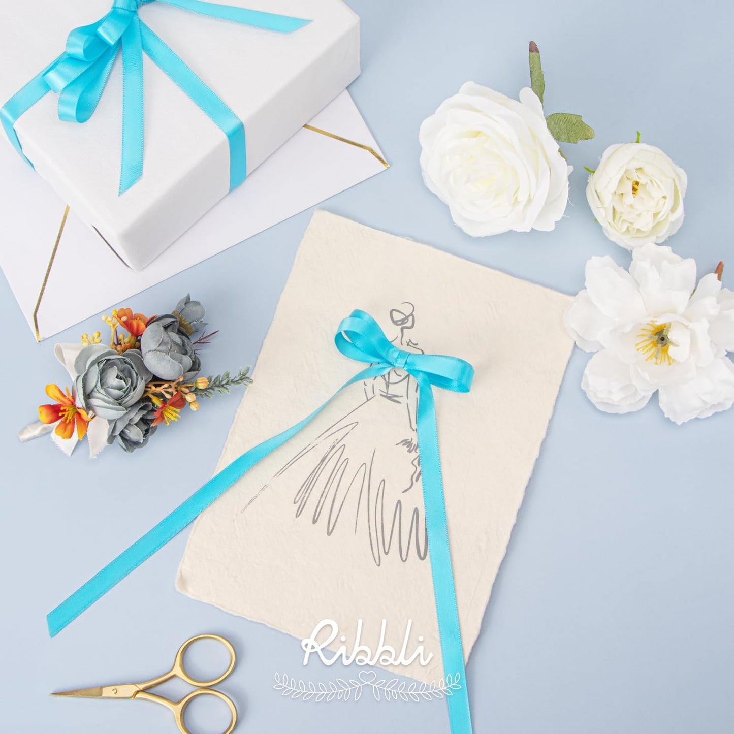 Ribbli Double Faced Turquoise Blue Satin Ribbon,3/8” x Continuous 25 Yards,Use for Bows Bouquet,Gift Wrapping,Floral Arrangement