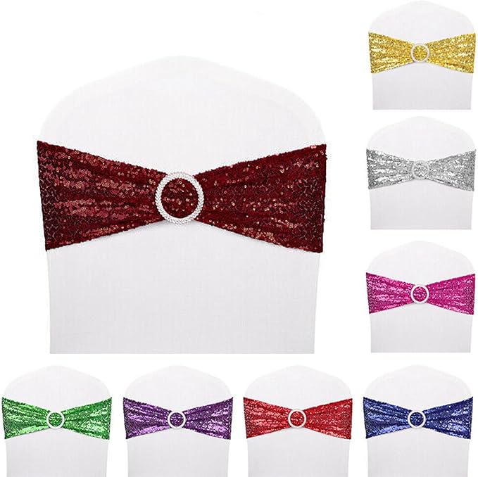 Dimatic 25 PCS Stretch Sequin Chair Sashes Chair Stretchy Spandex Bands for Wedding Reception Events Banquets Chairs Decoration (Burgundy)